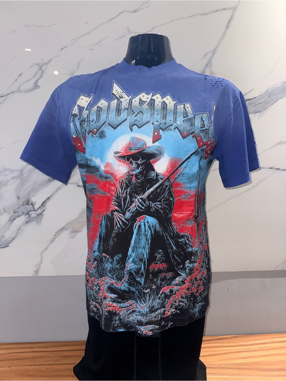 Godspeed Blue Graphic Skull Cowboy Short-Sleeve Men's Tee